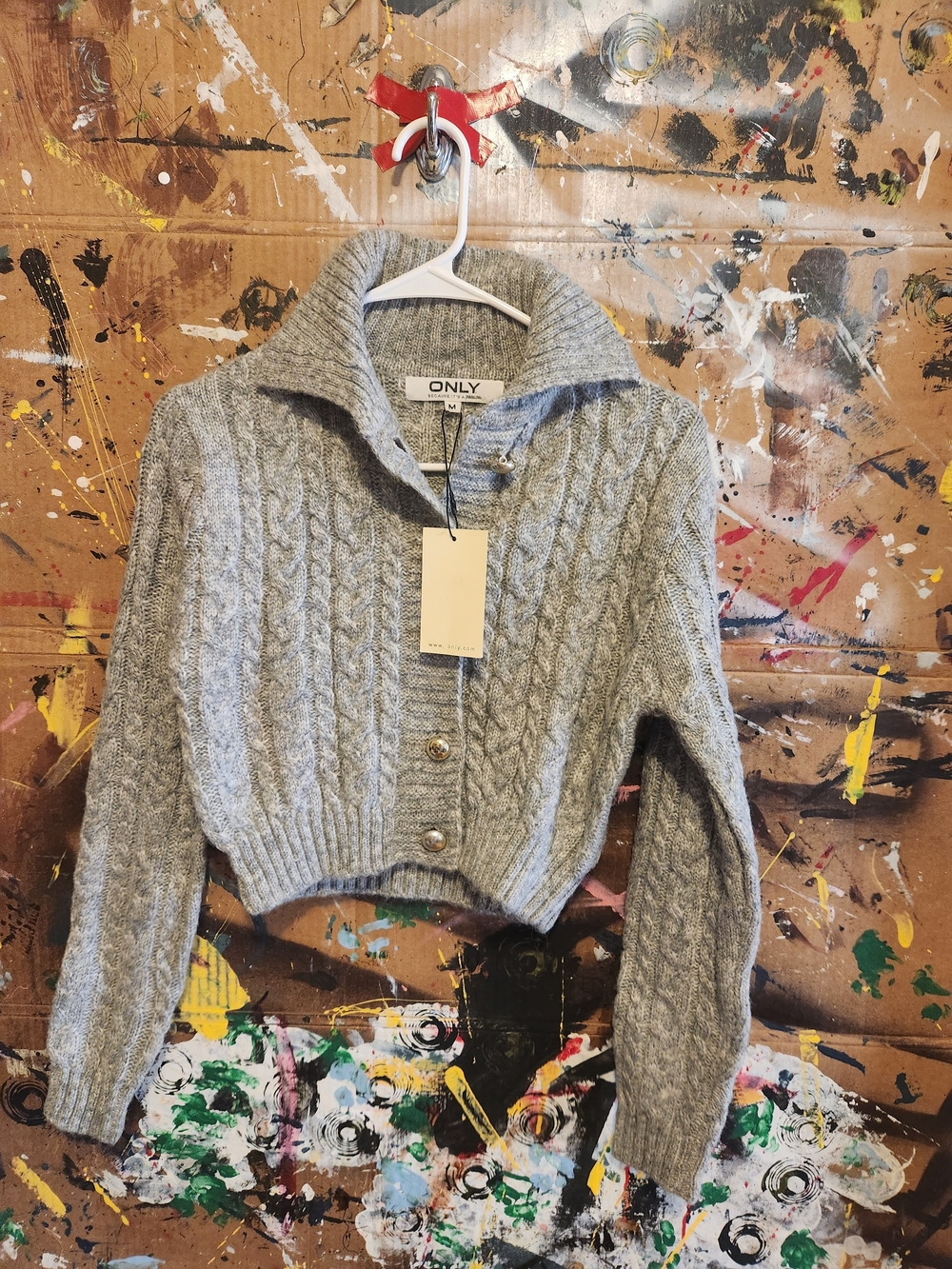 ONLY Gray Cable Knit Cropped Cardigan with Shawl Collar